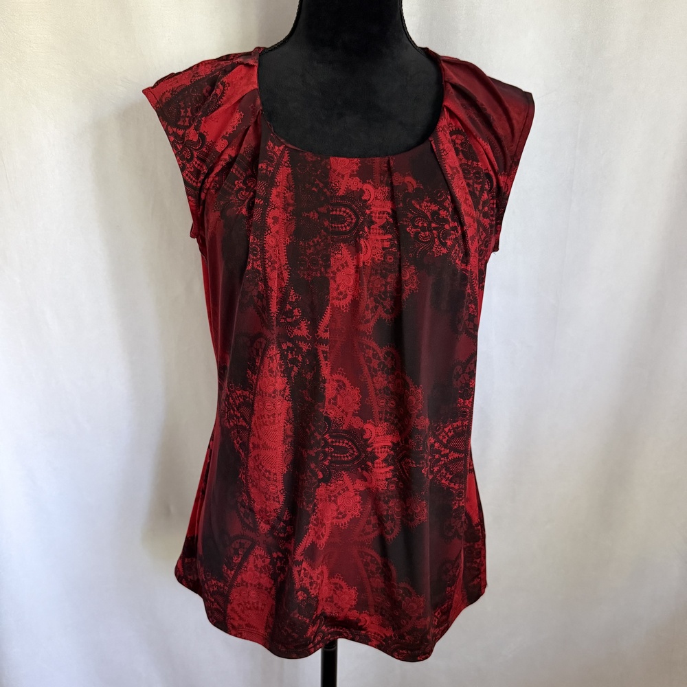 Worthington Blouse Womens L Red Paisley Scoop Neck Stretch Top Whimsigoth